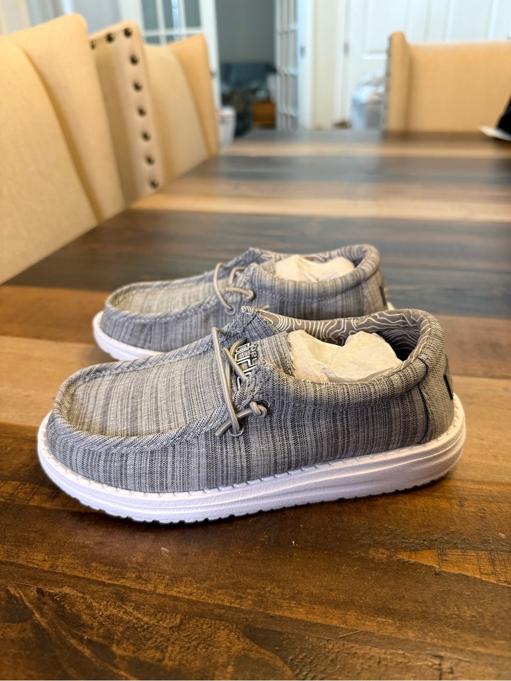 Hey Dude Wally Youth Slip On Linen Casual Shoes US 12 Gray/White